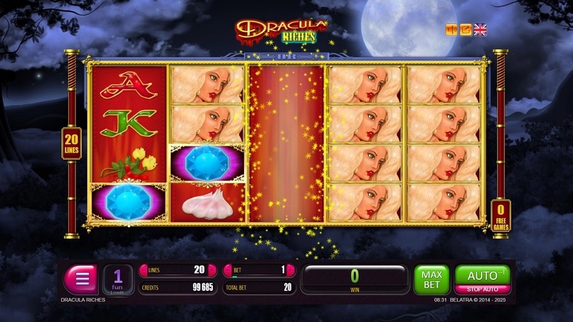 Schermata di gioco di Dracula Riches di Belatra con simboli aglio, paletto, diamante e la giovane bionda