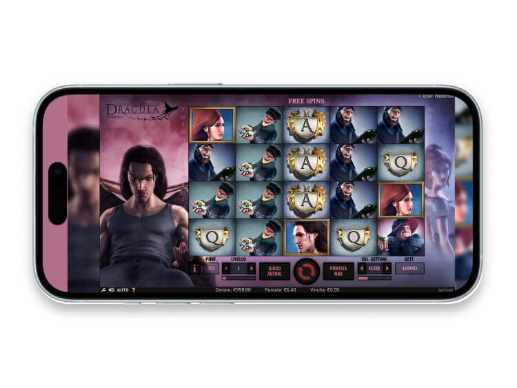 Interfaccia della slot Dracula NetEnt su smartphone: griglia 5x4 con simboli A e Q dorati, il Conte e la giovane donna ai lati dei rulli