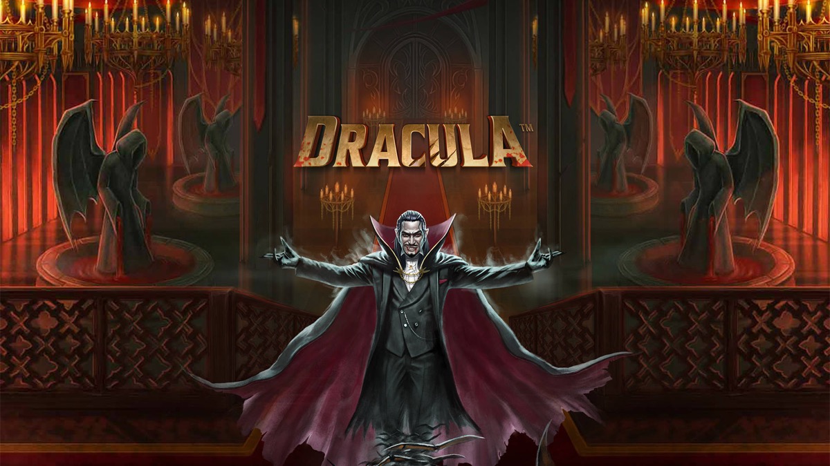 Key art della slot Dracula di Stakelogic: il Conte a braccia aperte nel salone del castello